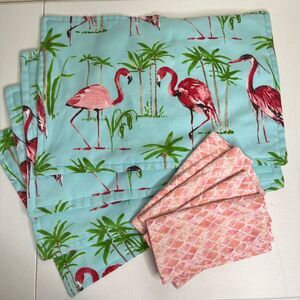 Handmade Flamingo Placemats Napkins Set 4 Aqua Blue Pink Novelty Fun Dining